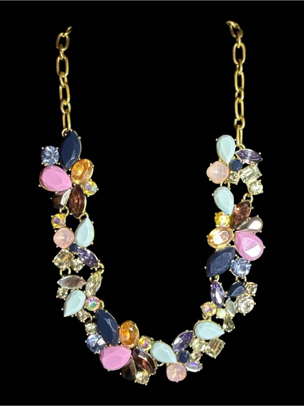 J.Crew Colorful Crystal Floral Statement Bib Necklace Gold Tone EUC